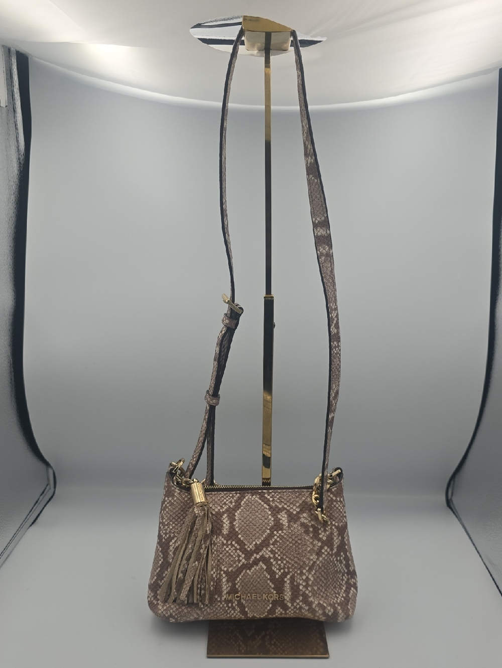Michael Kors Dark Pink Taupe Snake-Print Small Crossbody W/ Gold & Tassle (EUC)✨